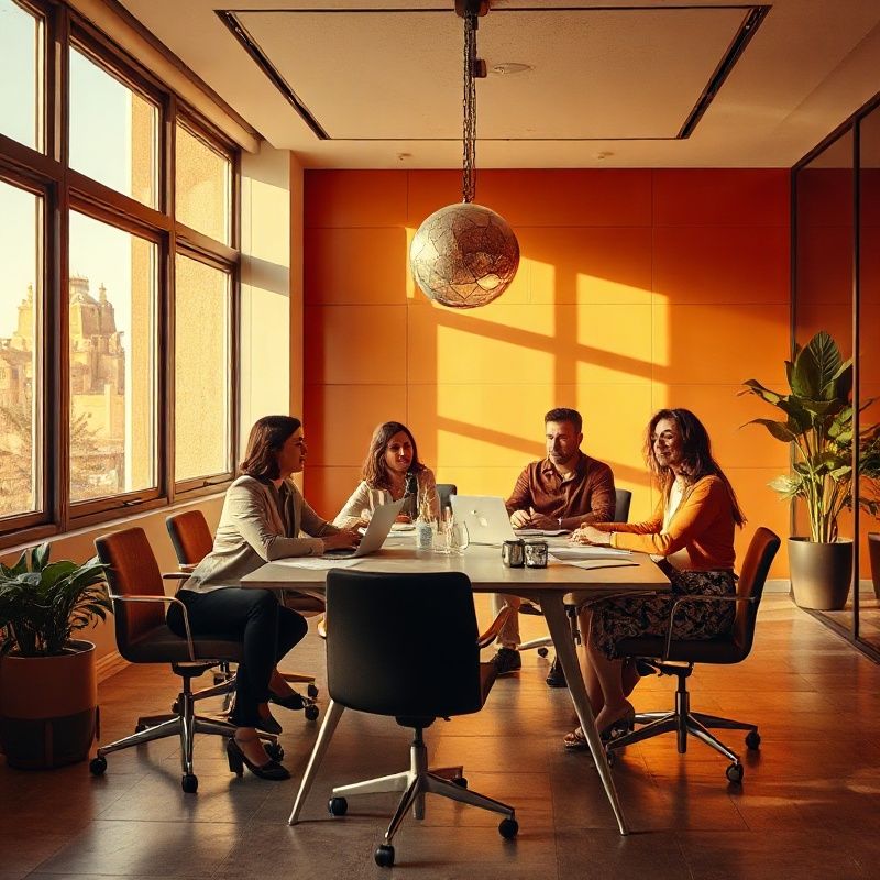 Equipo profesional en una oficina moderna de Madrid con luz dorada